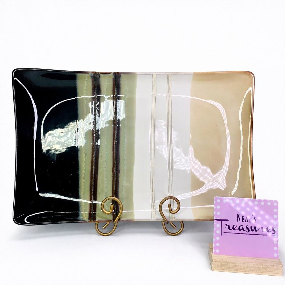 Home Trends JAZZ Textured Green Brown Stripe Stoneware Rectangle Serving Platter
